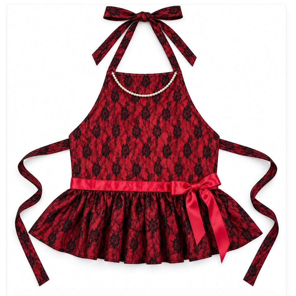 New Ganz Lace Ruffle Apron OS Red Black Pearls Coquette Pinup Retro Costume